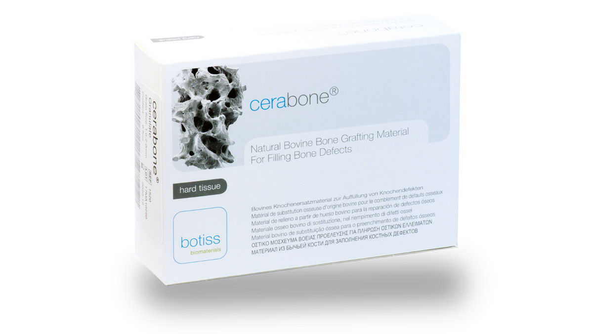 Cerabone packaging for natural bovine bone grafting material on a white background